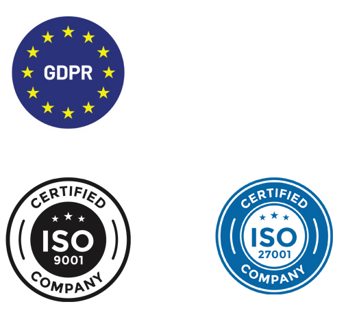 3 Securitx Logos (GDPR. ISO 9001, ISO 27001)
